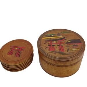 Vintage Japanese Torii Gate Wooden Coaster Set with Storage Box